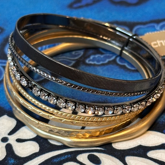 Chico's Jewelry - Chico's Gold Black Rhinestone Multi Bangle Bracelet stack NWT